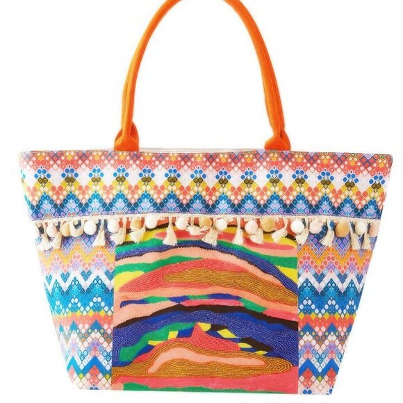 Boho Print Pom Pom Fringe Tote Bag - Picture 1 of 2